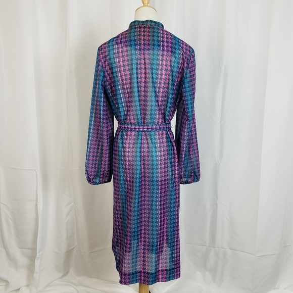 Femme of Dallas 80's Sheer Multicolor Belted Long Sleeve Dress Blue Pink XL USA - Picture 3 of 5